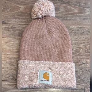 Carhartt Beanie Hat Pink Knit Pom Pom Logo Cuffed Women’s Beanie